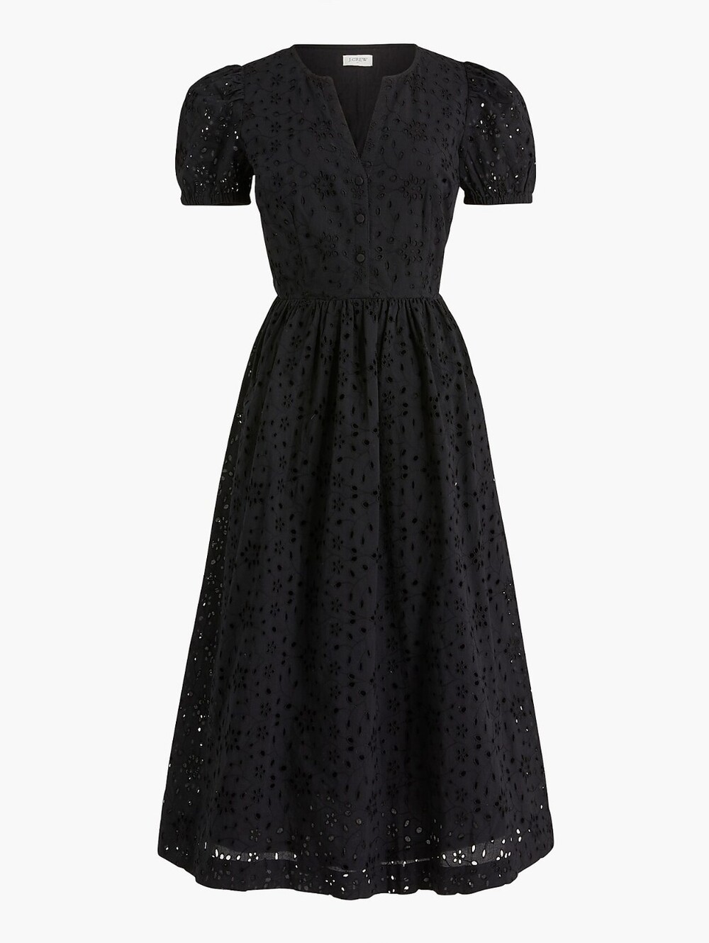 J. Crew Black Eyelet Puff-Sleeve Midi Dress